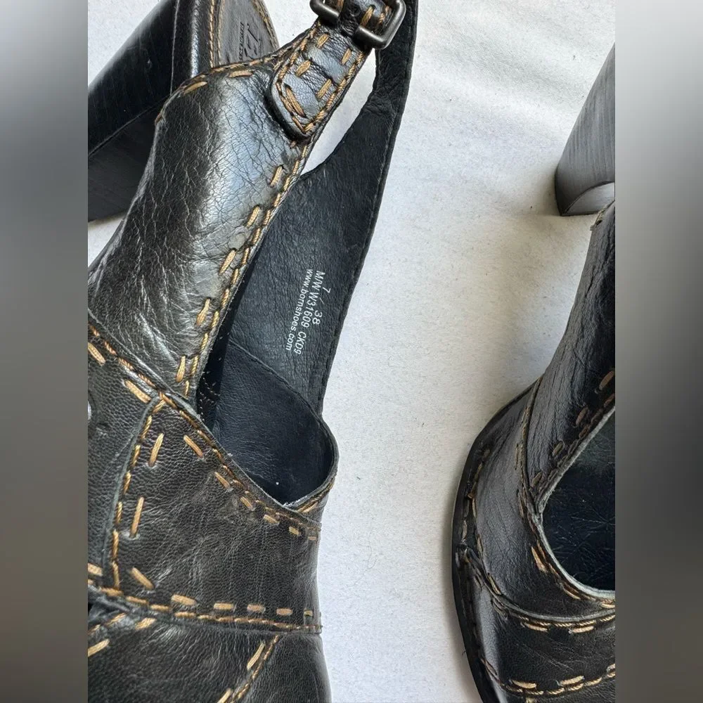 Y2K 2000s Born Black Leather Slingback Heels with Tan Contrast Stitching Size 7